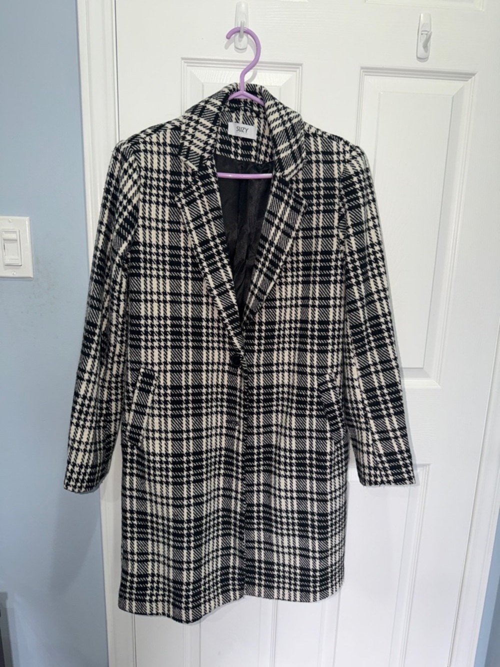 Black & White Plaid Wool-Blend Women's Coat